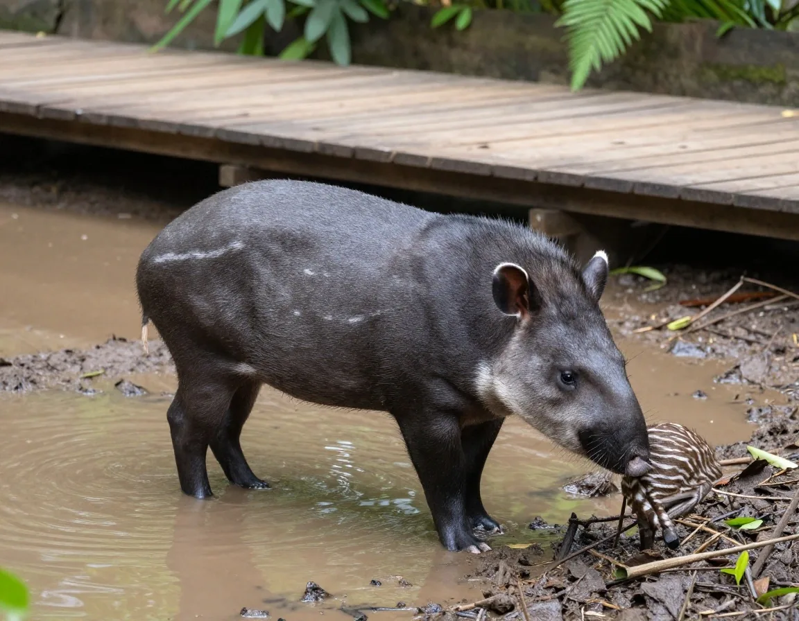 Tapir junto a su cría en zona de río