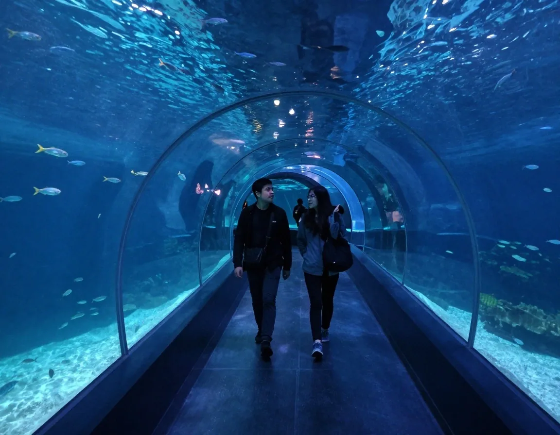 Túnel de acuario con visitantes
