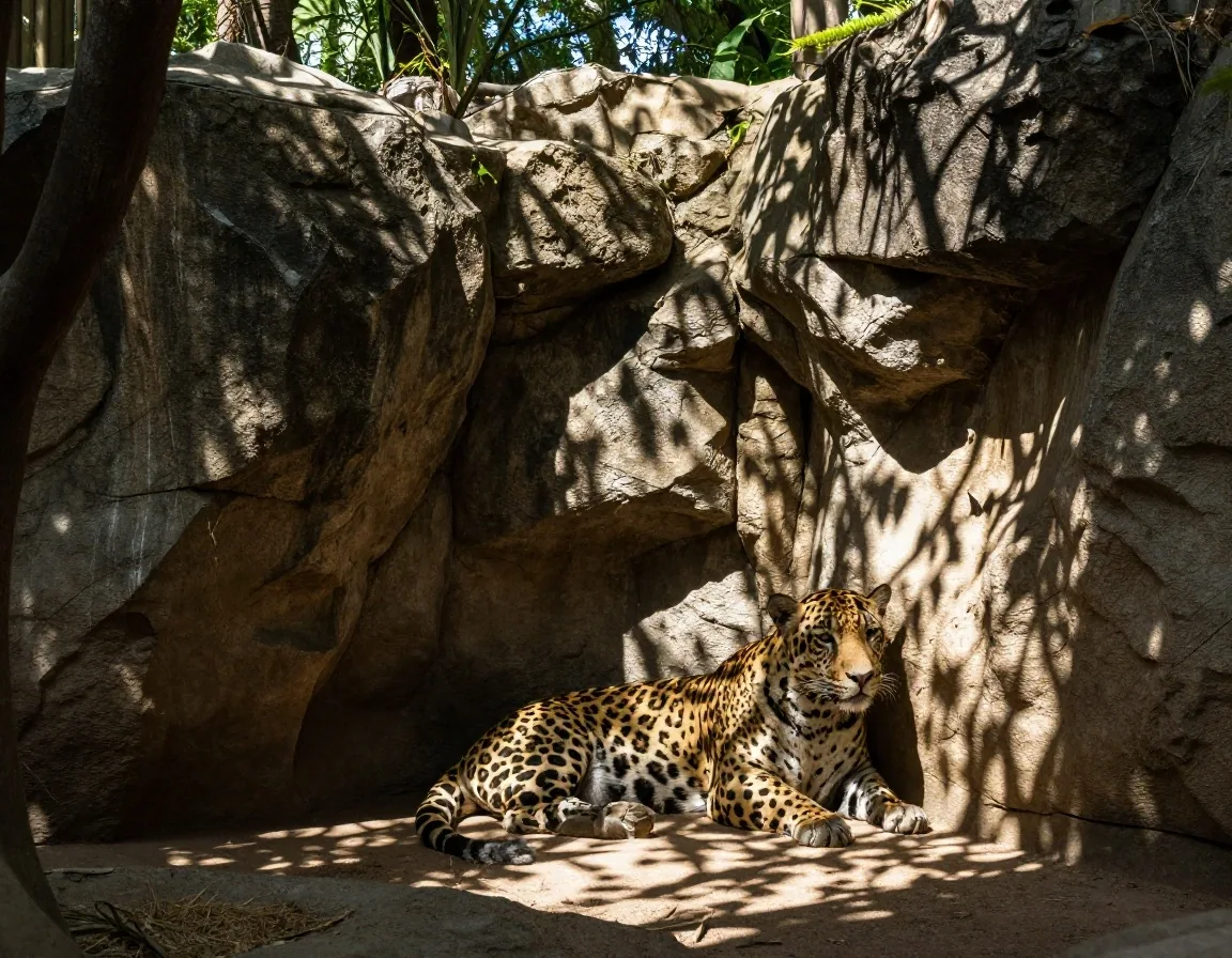 Felino en recinto de sombra y piedra