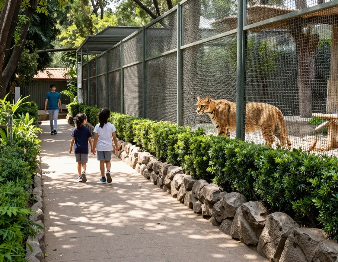Sendero de sombra junto al recinto de grandes felinos en Buin Zoo