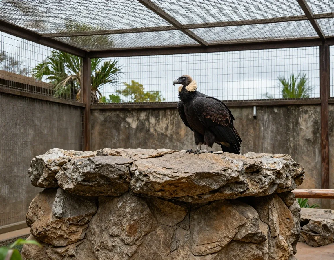 Cóndor en aviario de piedra con malla