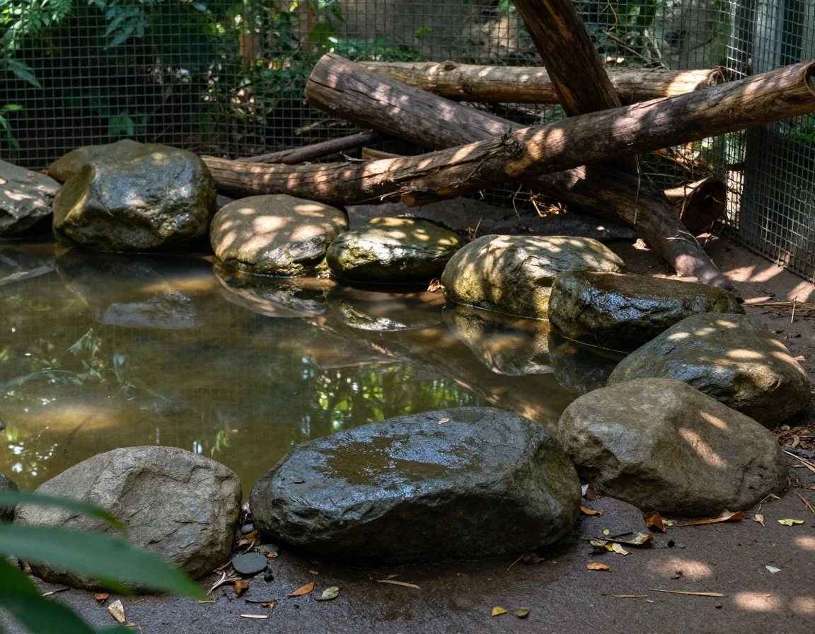 Detalle de malla, piedra y agua limpia en recinto