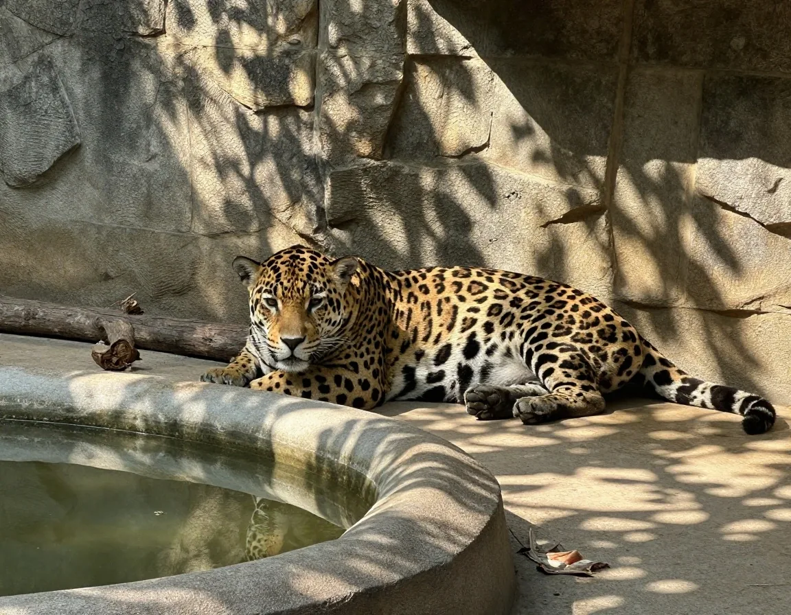 Jaguar descansando en recinto con sombra y agua
