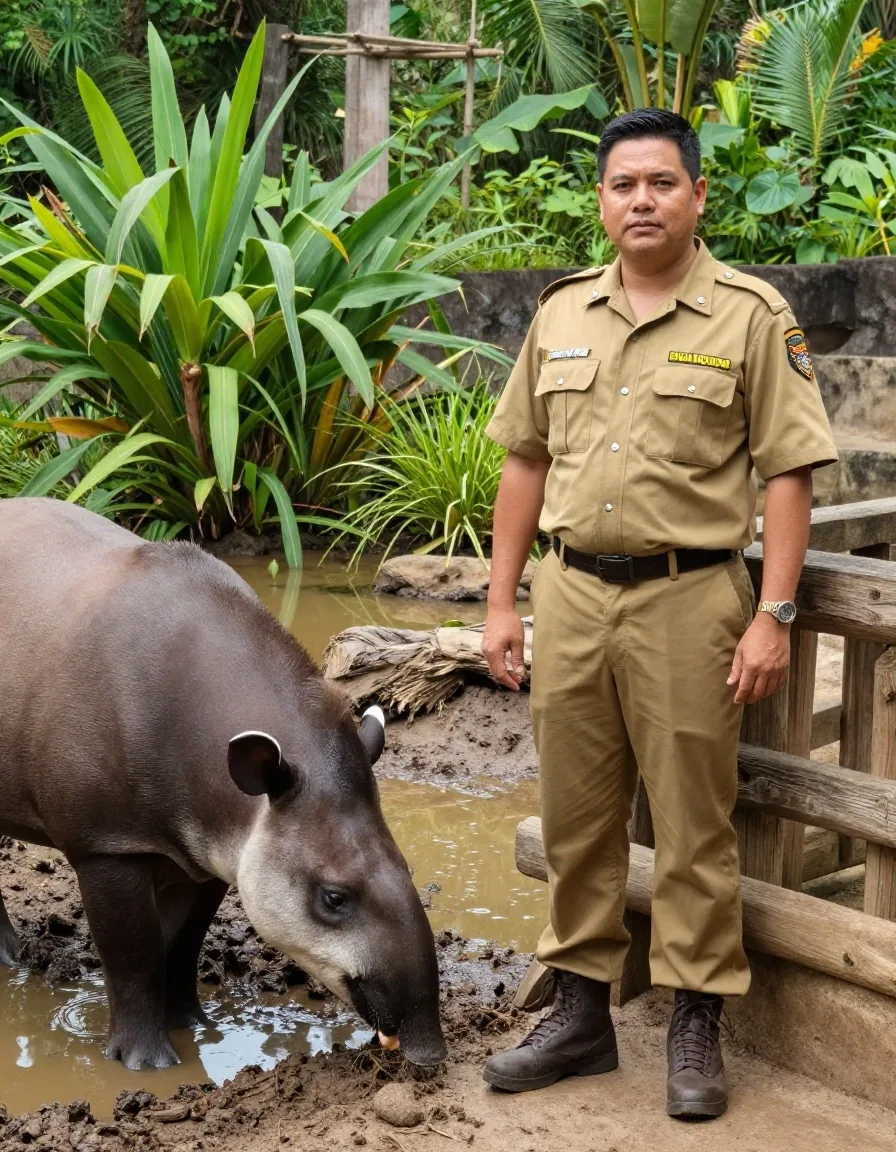 Personal de cuidado junto a recinto de tapir