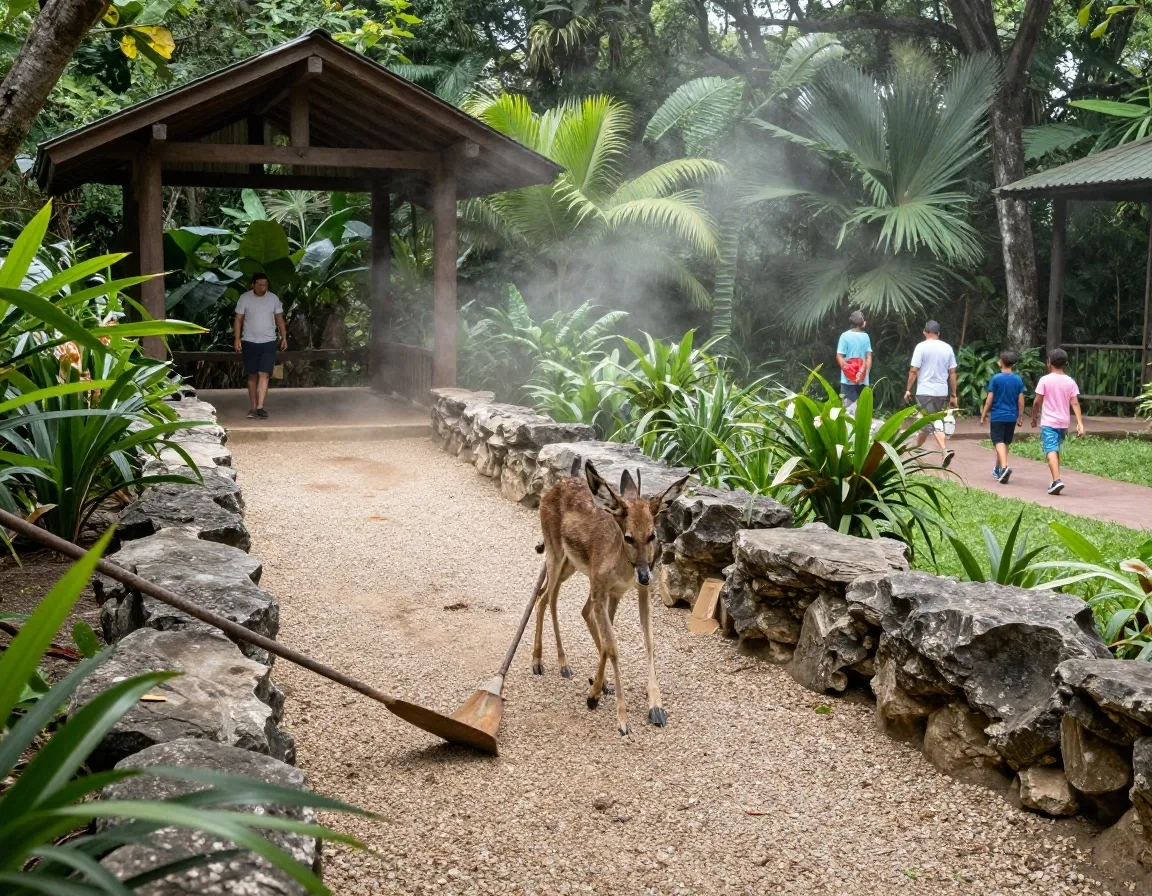 Cuidador manteniendo un sendero sombreado del zoológico