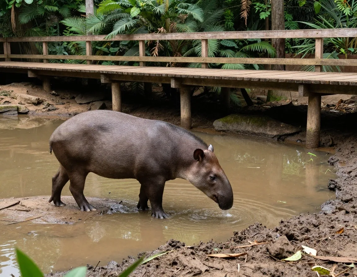 Tapir junto al agua con pasarela de madera