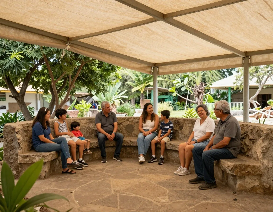 Familia descansando a la sombra dentro del zoológico