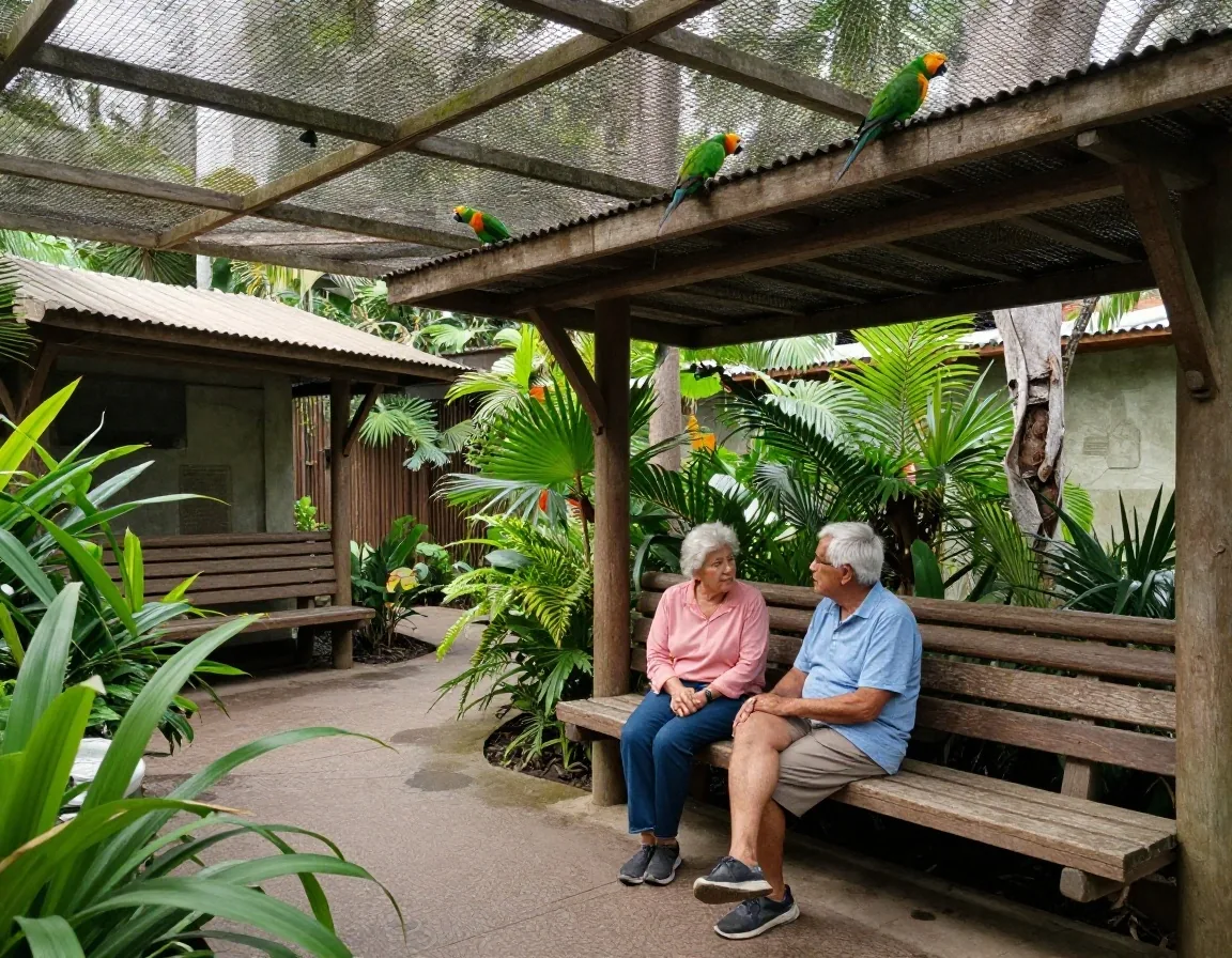 Interior de aviario transitable con loros