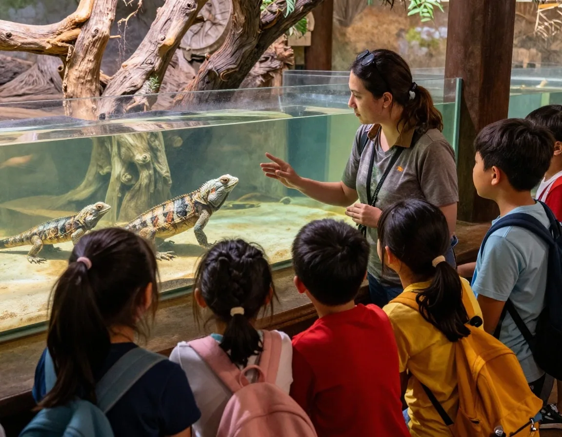 Niños leyendo el mapa frente a reptiles