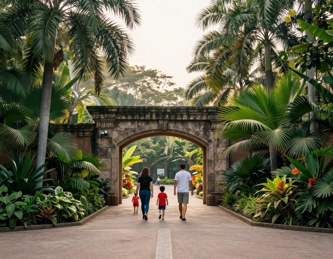 Familia revisando el mapa en la entrada del zoológico