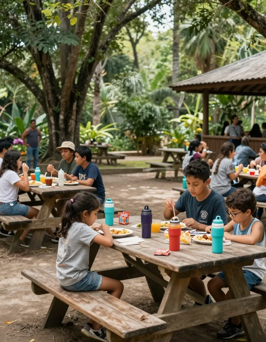 Familias almorzando en zona de picnic con sombra