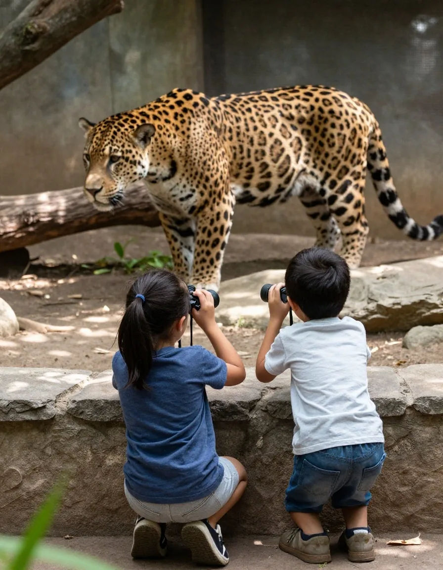 Niños observando al jaguar en zona de sombra
