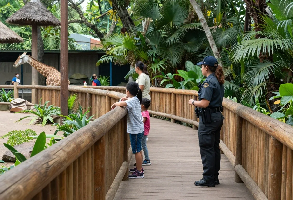 Personal del parque junto a barrera de seguridad