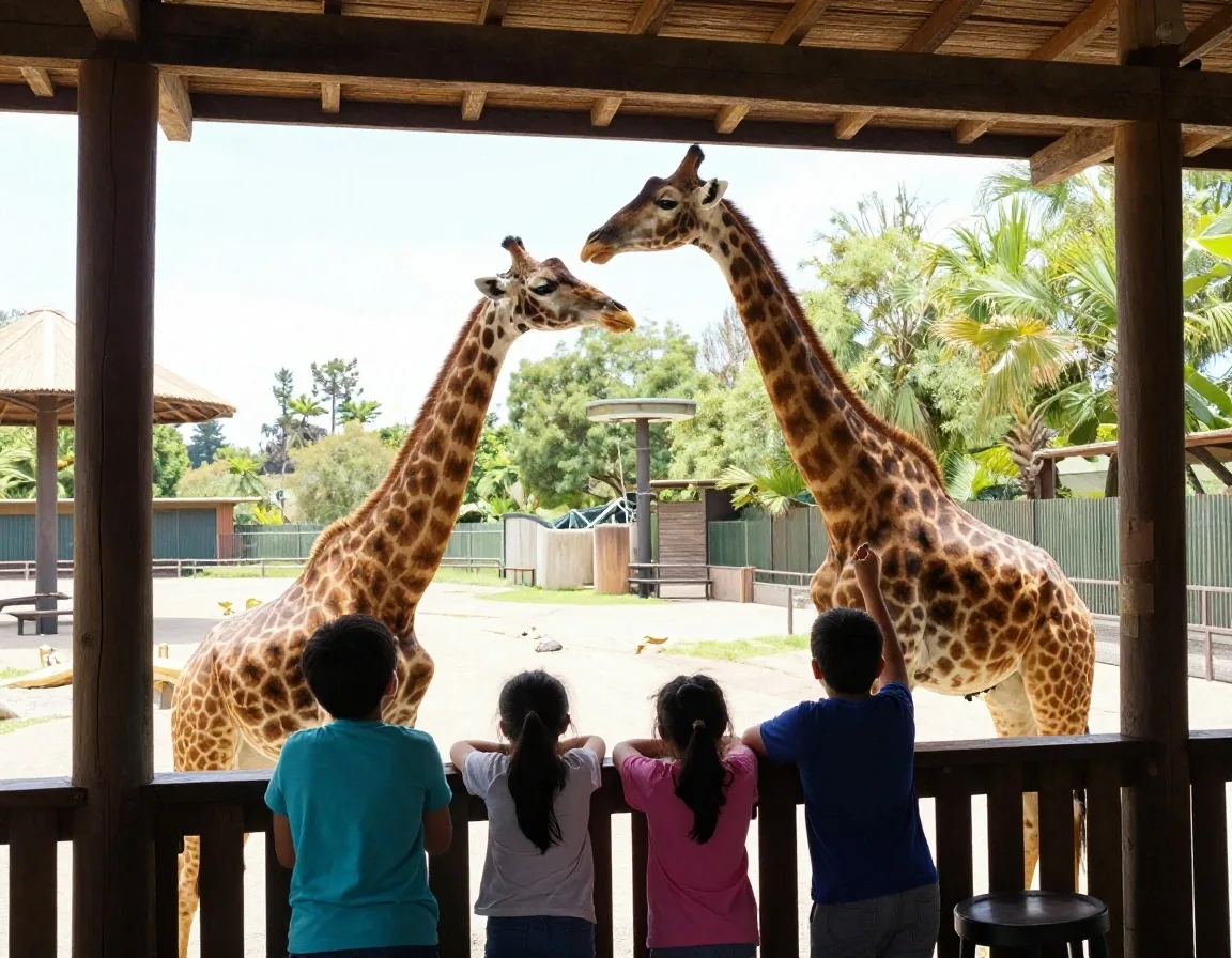 Niños observando jirafas desde mirador con sombra