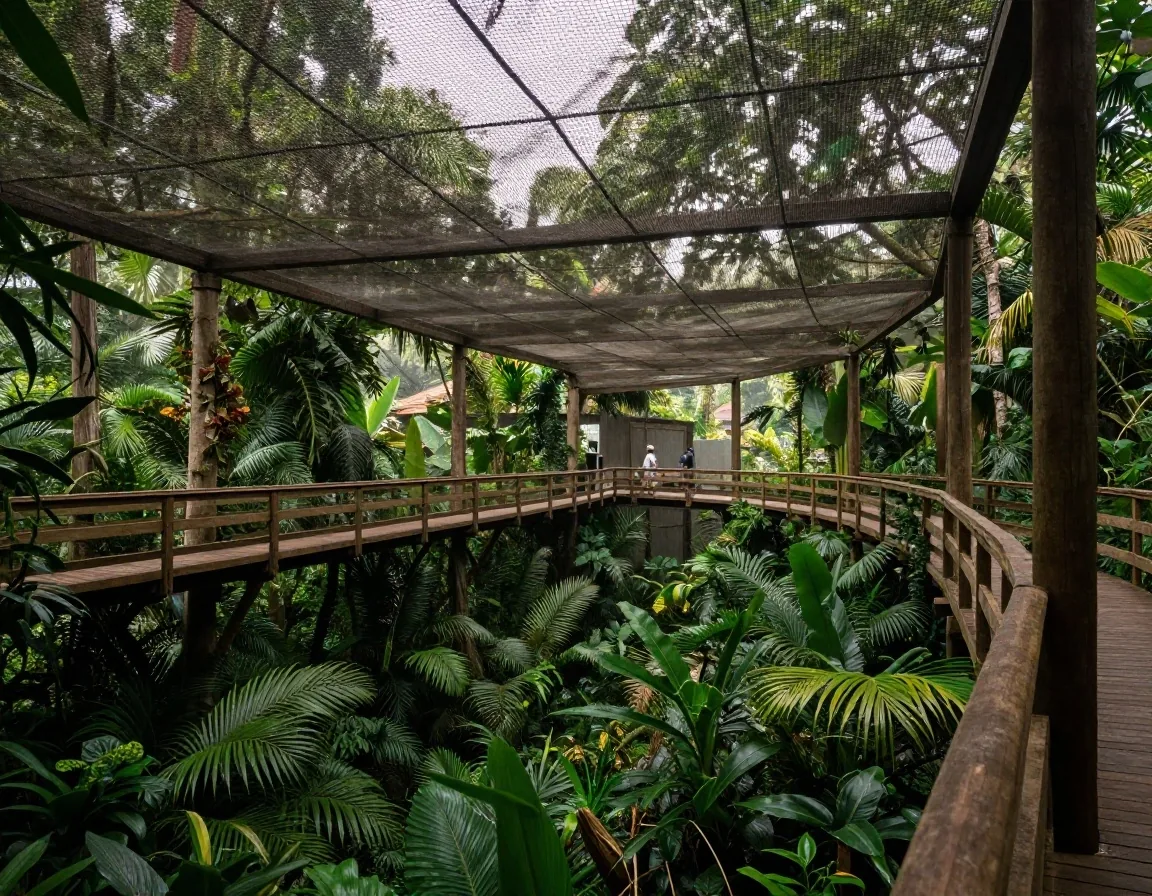 Pasarela elevada entre dosel en zoológico tropical
