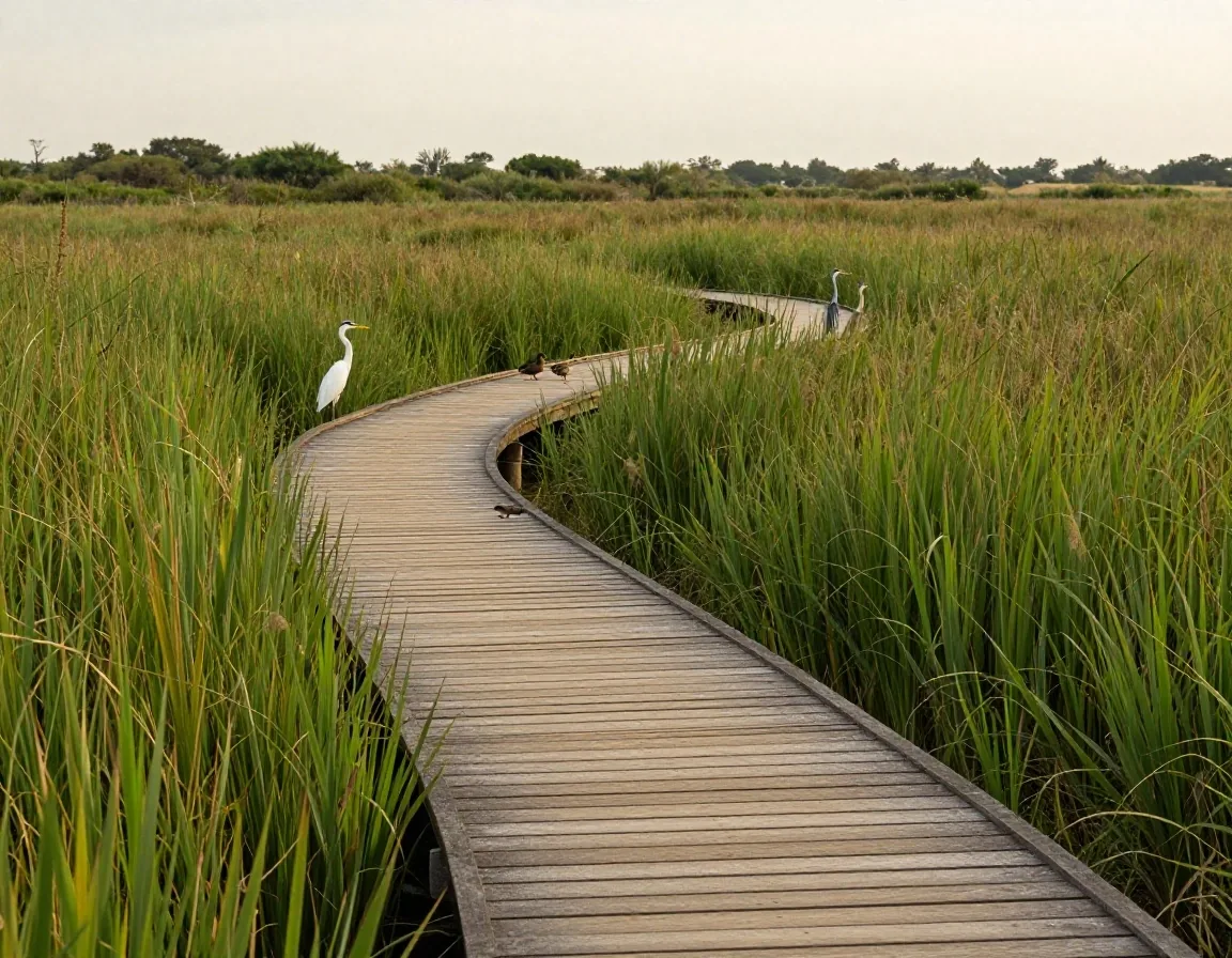 Pasarela sobre humedal en bioparque con aves