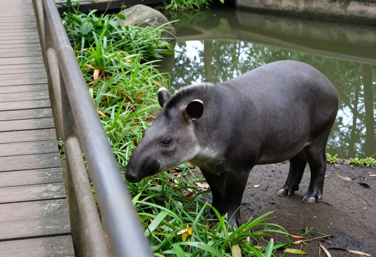 Recinto de tapir junto al agua visto desde pasarela