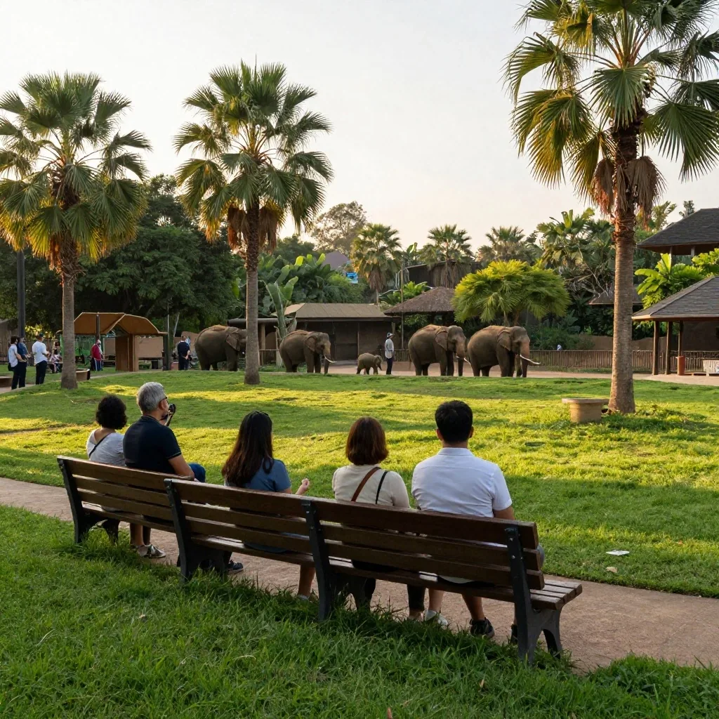 Vista amplia de parque zoológico con senderos y visitantes