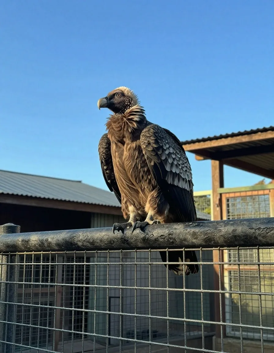 Malla de aviario de cóndor con percha de basalto bajo el cielo