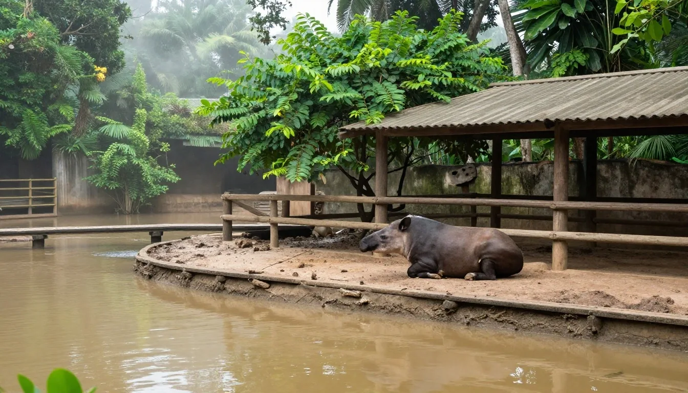 Recinto ribereño de tapir con pasarela de madera y agua calma