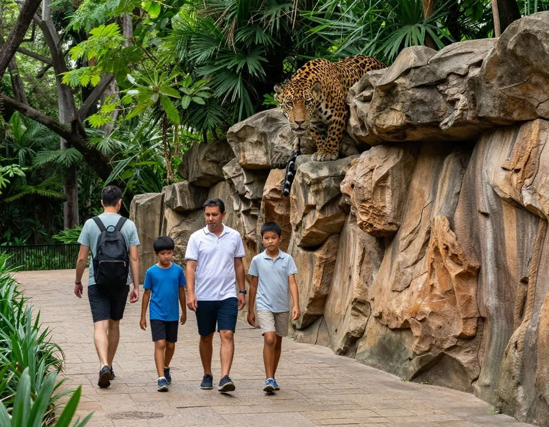 Sendero de piedra con familia paseando junto a recinto de jaguar