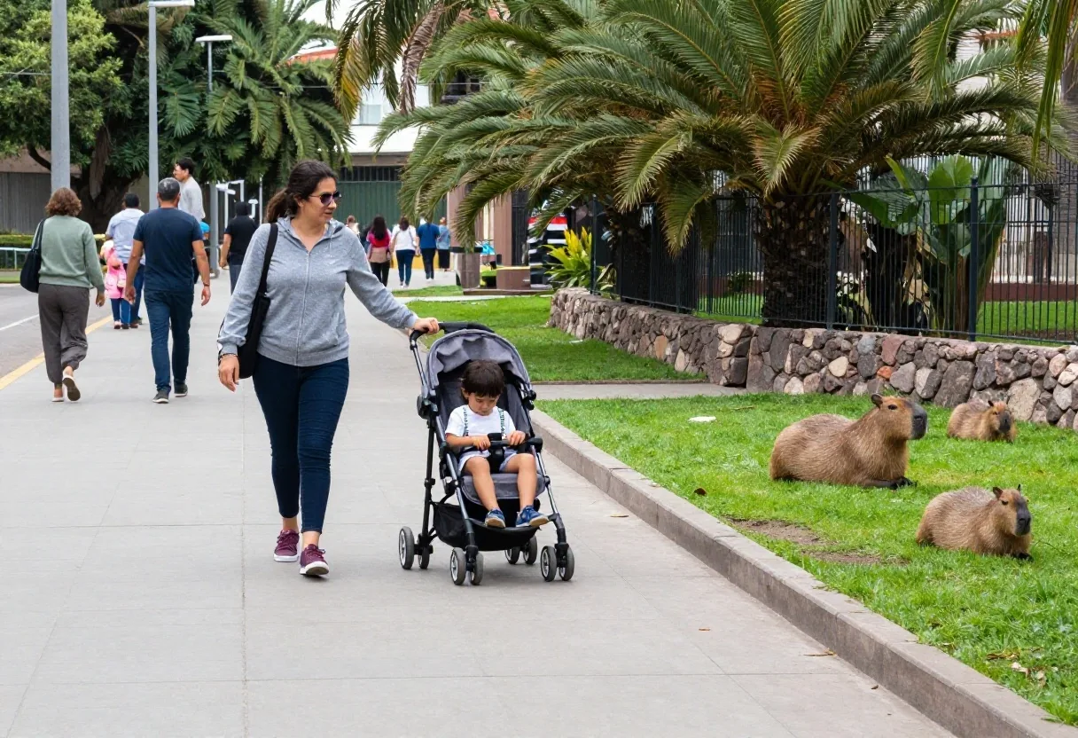 Familia caminando por un sendero con sombra dentro del zoológico