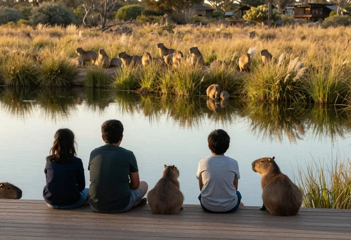 Niños observando carpinchos desde una pasarela de madera