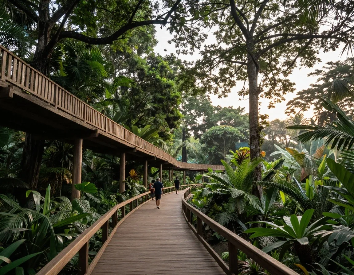 Pasarela elevada entre árboles con visitantes