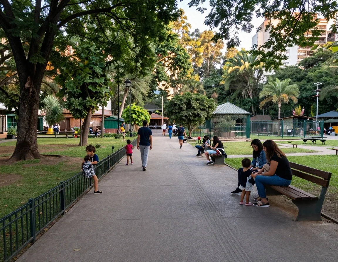 Plaza de zoológico urbano con familias en fin de semana