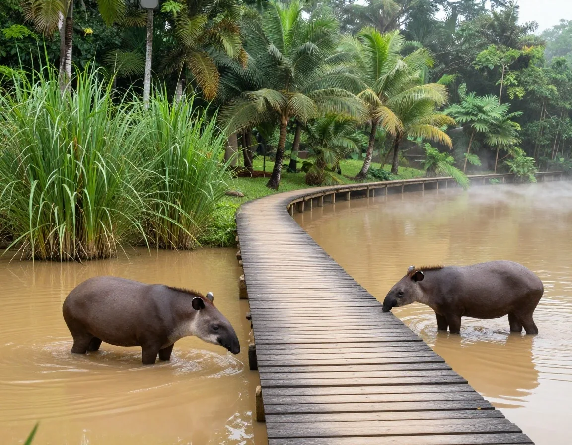 Tapir junto al río con pasarela de madera