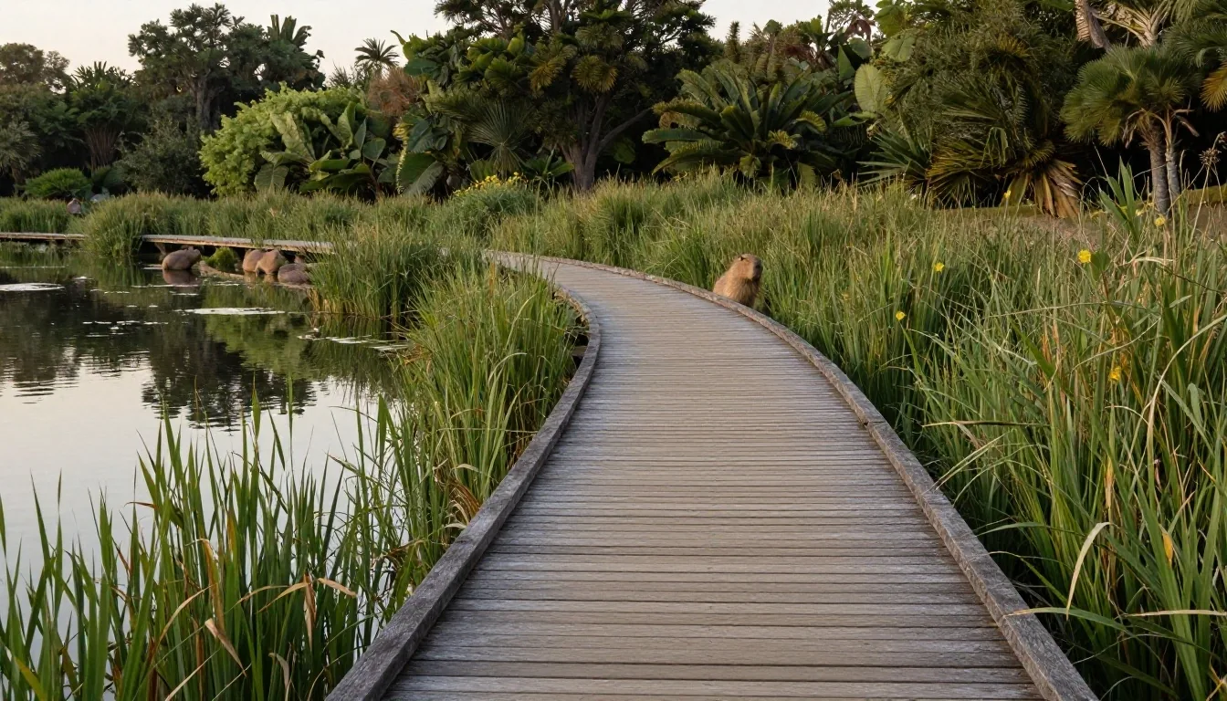 Pasarela y laguna en el bioparque Temaiken