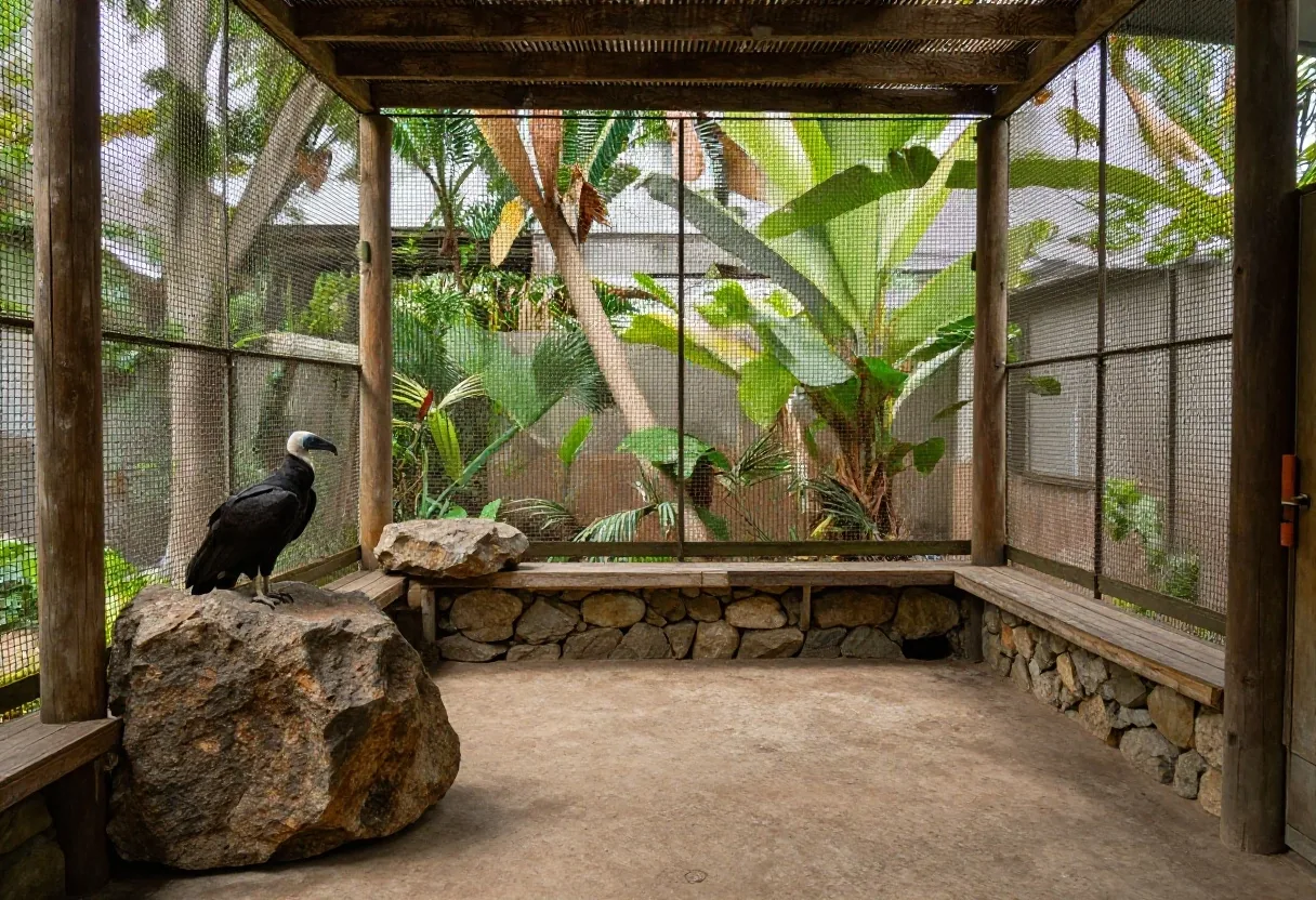 Malla de aviario de cóndores con roca volcánica