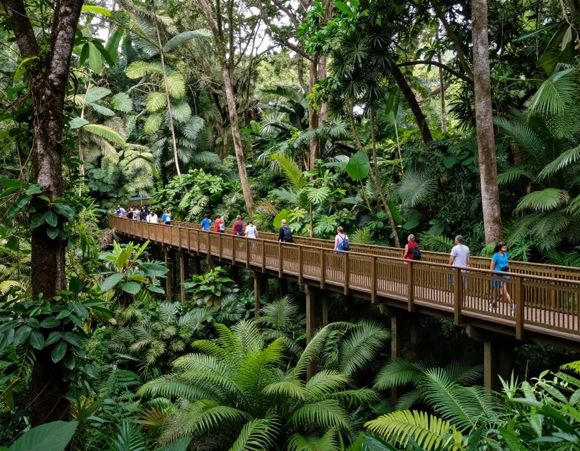 Pasarela elevada entre árboles con visitantes