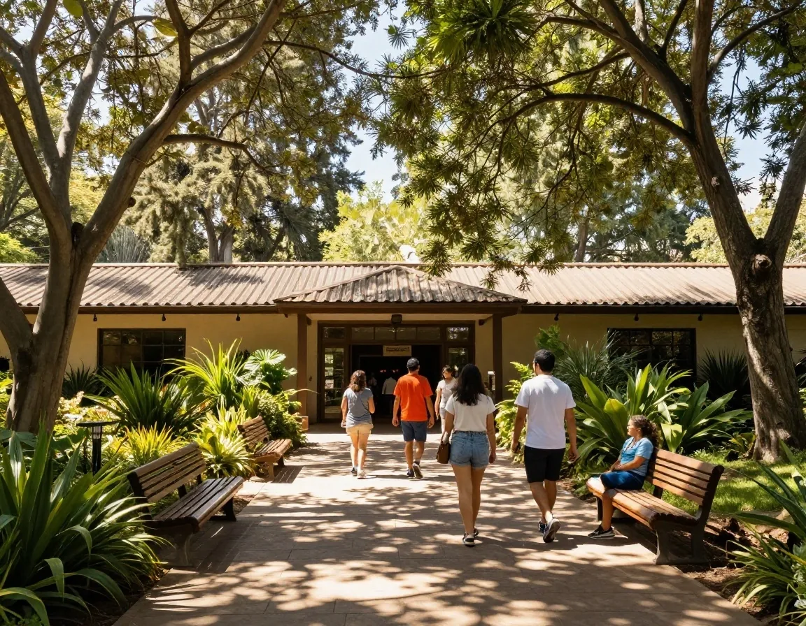 Plaza de acceso de un zoológico chileno con familias