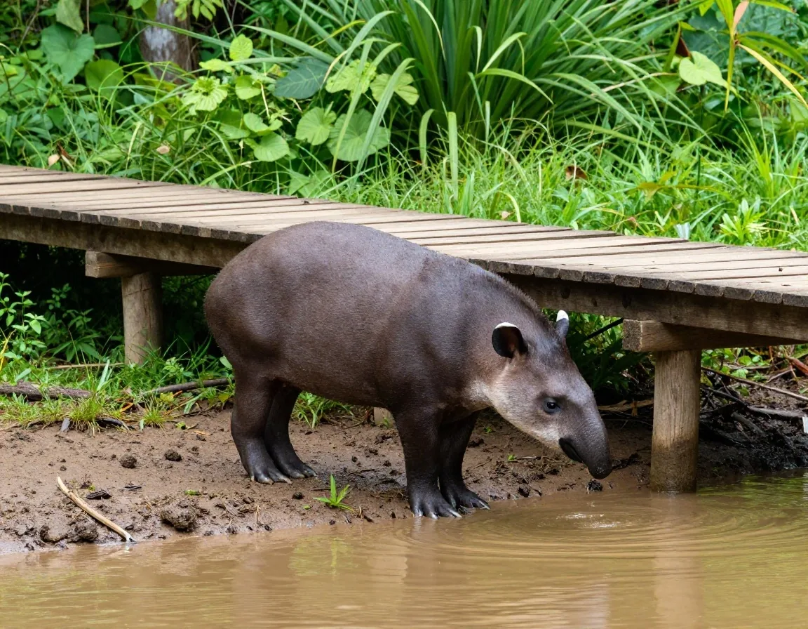 Tapir junto a ribera con pasarela de madera