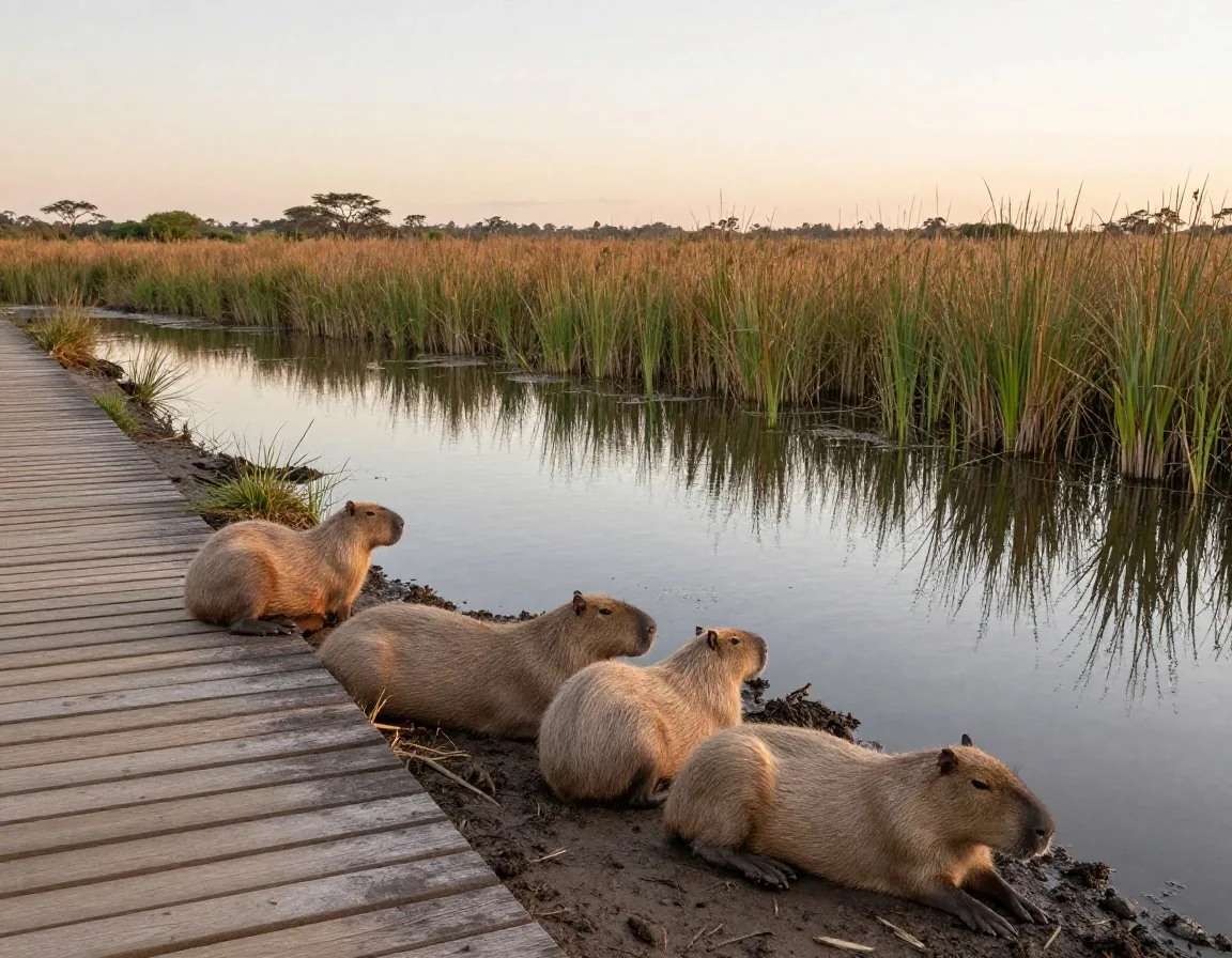 Humedal del Bioparque Temaiken con carpinchos junto al agua