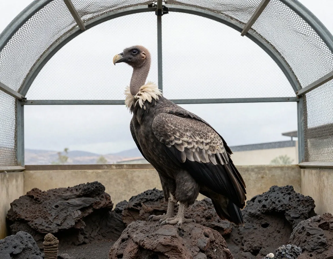 Aviario de cóndores con malla de acero y roca de posadero